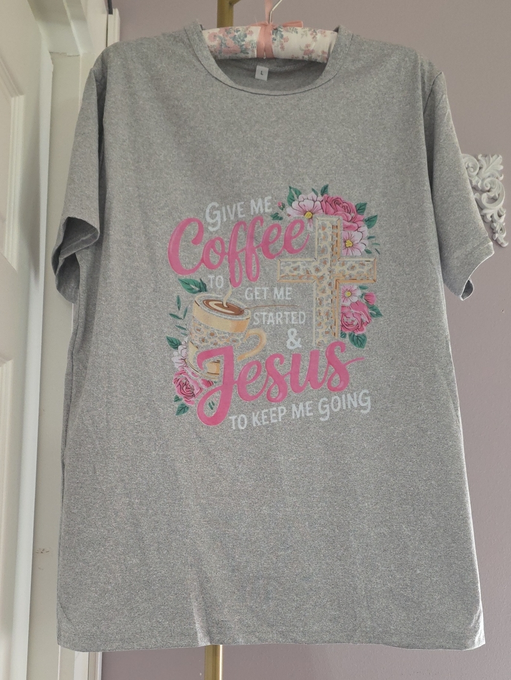 Coffee & Jesus Graphic Tee - Grey with Pink Accents Size L